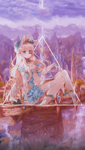Anime girl with cat ears and tail sitting in front of fantasy landscape