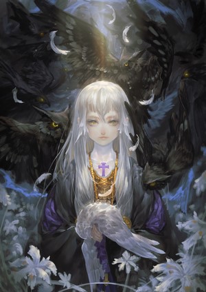 Anime girl with white hair and owls
