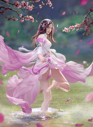 Fantasy girl in pink dress standing in water with cherry blossoms