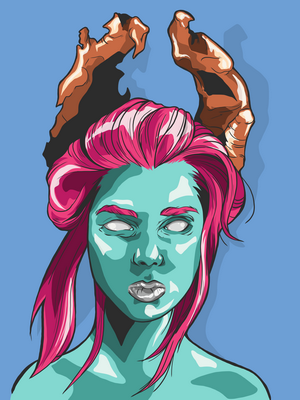 Illustration of a demon woman with pink hair and horns