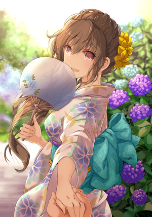 Anime girl in yukata holding a fan with hydrangeas