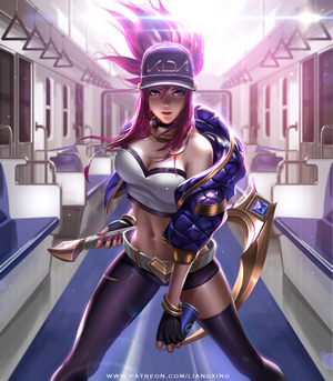 Akali from League of Legends K/DA in a subway