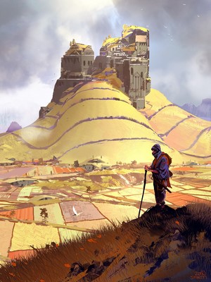 Fantasy landscape with a traveler and a castle on a hill