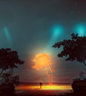 Astronaut standing before a glowing tree