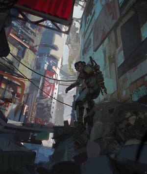 Character in a dystopian city alleyway