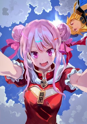 Anime girls with pink hair and eyes in the sky
