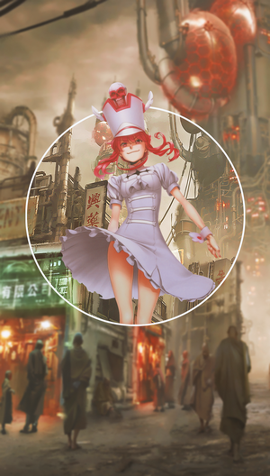 Jakuzure Nonon from Kill la Kill in a futuristic city