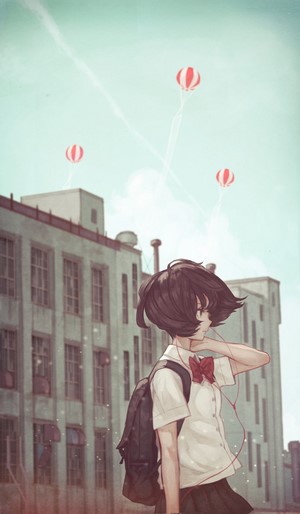Anime girl with dark hair and headphones outdoors