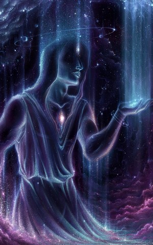 Cosmic being with planets and light streams