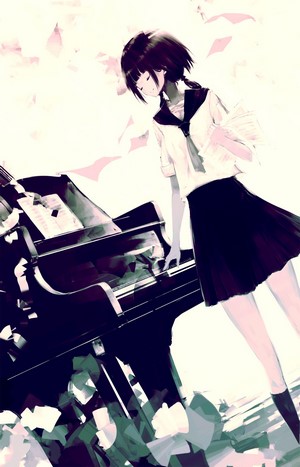 Anime girl in school uniform playing piano