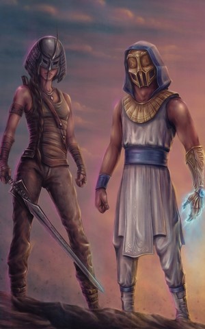 Two masked warriors with a sword and magic