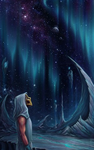 Figure in a mask looking at a starry sky with aurora