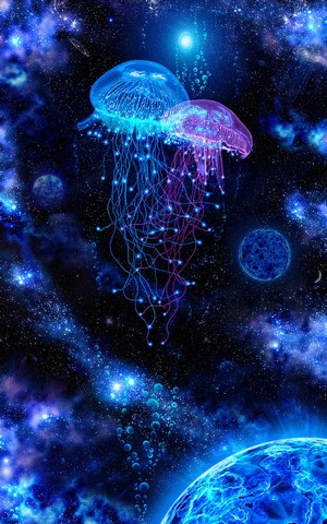 Two bioluminescent jellyfish floating in a starry nebula
