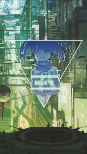 Anime girl with 'DELETE' text in a futuristic city