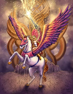 She-Ra riding Pegasus with Sword of Protection