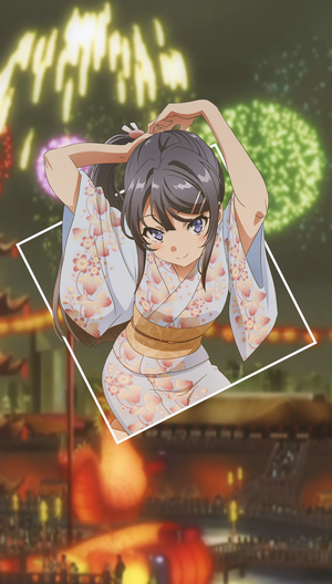 Sakurajima Mai from Seishun Buta Yarou in Yukata with Fireworks