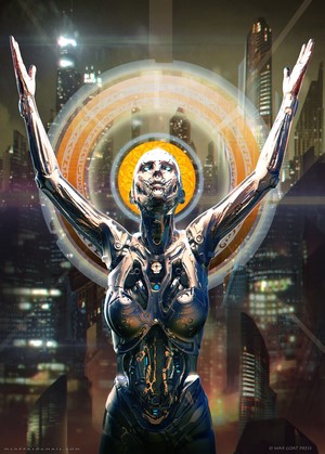 Futuristic cyborg with arms raised in a city