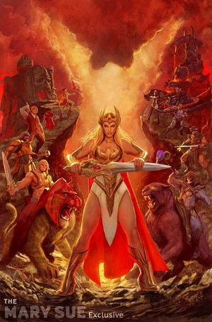 She-Ra and He-Man characters in a fiery landscape