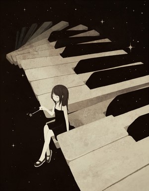 Anime girl sitting on piano keys in space
