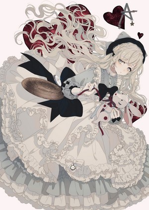 Anime girl in a frilly dress holding a stuffed rabbit