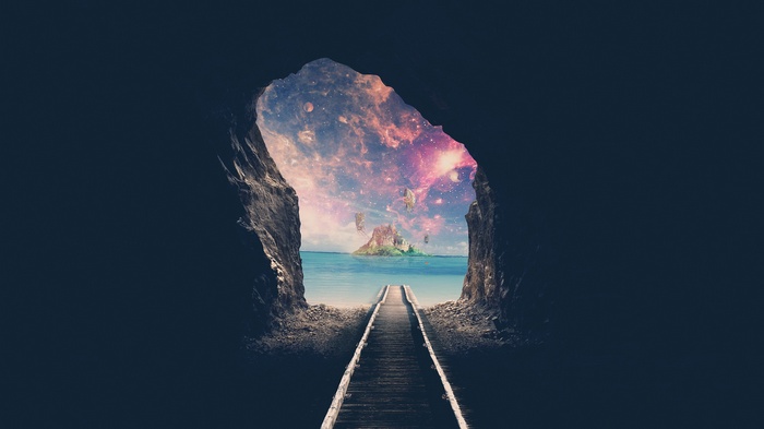 Surreal dreamscape with island and galaxy