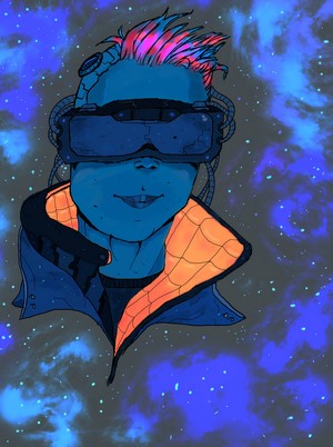 Cyberpunk character with VR headset and pink hair