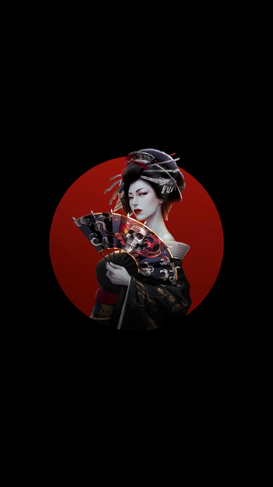 Geisha with skull fan against red circle