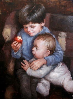 Brothers with an apple on a couch by Stan Prokopenko