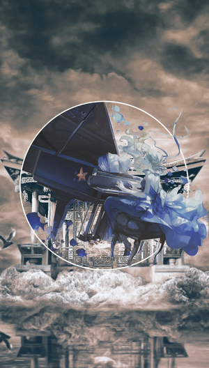 Anime couple playing piano in a surreal landscape