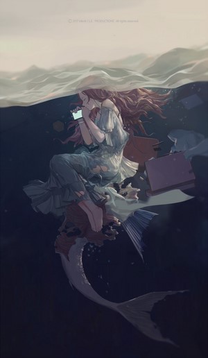 Anime girl with red hair underwater holding a phone