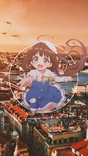 Anime girl in a blue dress over a city