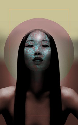 Artwork of an Asian woman with cyan face paint