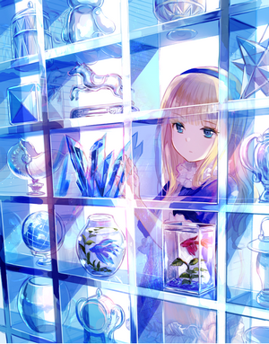 Anime girl with blonde hair and blue eyes in a room