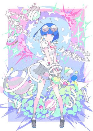 Anime girl with blue hair and goggles in space