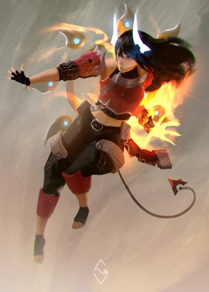 Fantasy warrior with dark hair and fiery wings