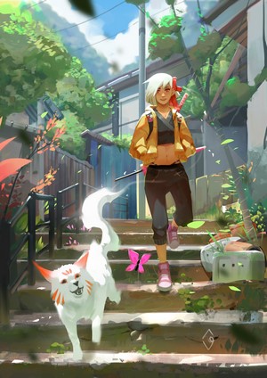 Girl with white hair and a fox-like creature on stairs