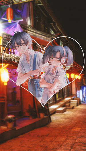 Anime couple in heart frame on street