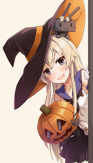 Shimakaze from Kantai Collection wearing a witch hat with a pumpkin
