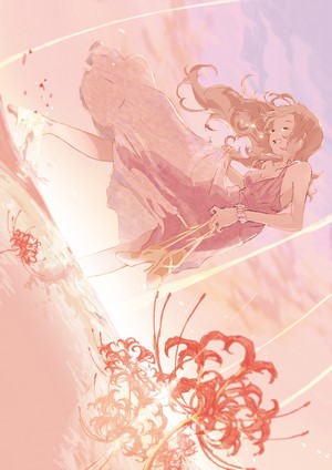 Anime girl in a dress falling with red spider lilies