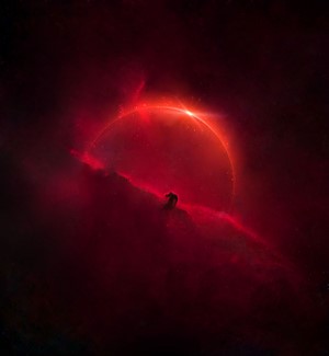 Red Nebula with Ringed Celestial Body