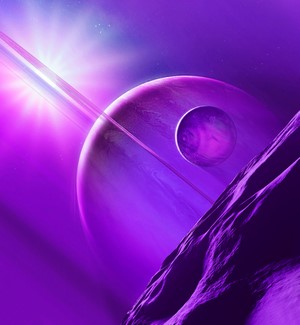 Purple planet with rings and moon in space