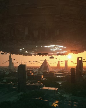Futuristic city with pyramids and flying vehicles at sunset