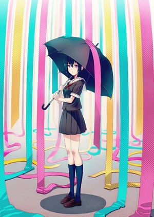 Anime girl with umbrella among colorful ribbons