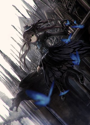 Anime girl in black dress with blue butterflies