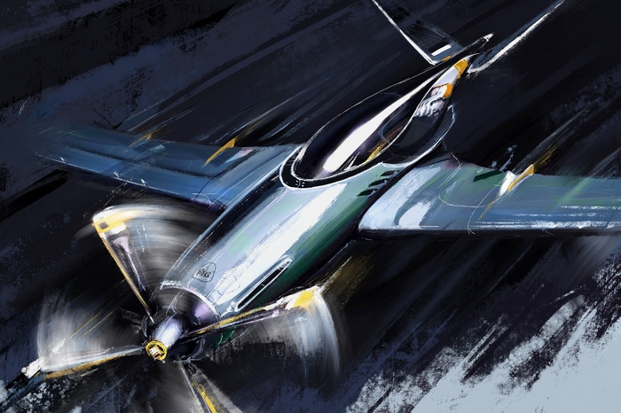 Artwork of a futuristic airplane in flight