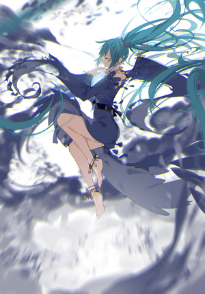 Hatsune Miku floating with dark ribbons
