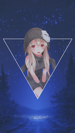 Anime girl with blonde hair and red eyes wearing a skull beanie