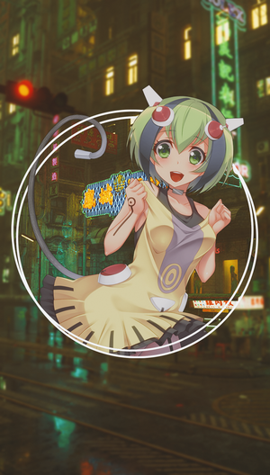 Anime girl with green hair and eyes in a city