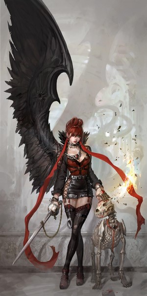 Fantasy girl with black wings and skeleton dog