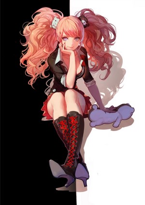 Junko Enoshima from Danganronpa with a Monokuma plush